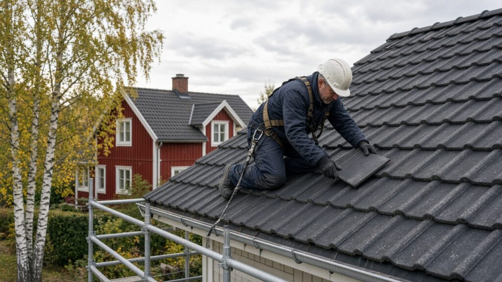 Takläggare arbetar på villatak i Stockholms län