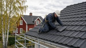 Takläggare arbetar på villatak i Stockholms län